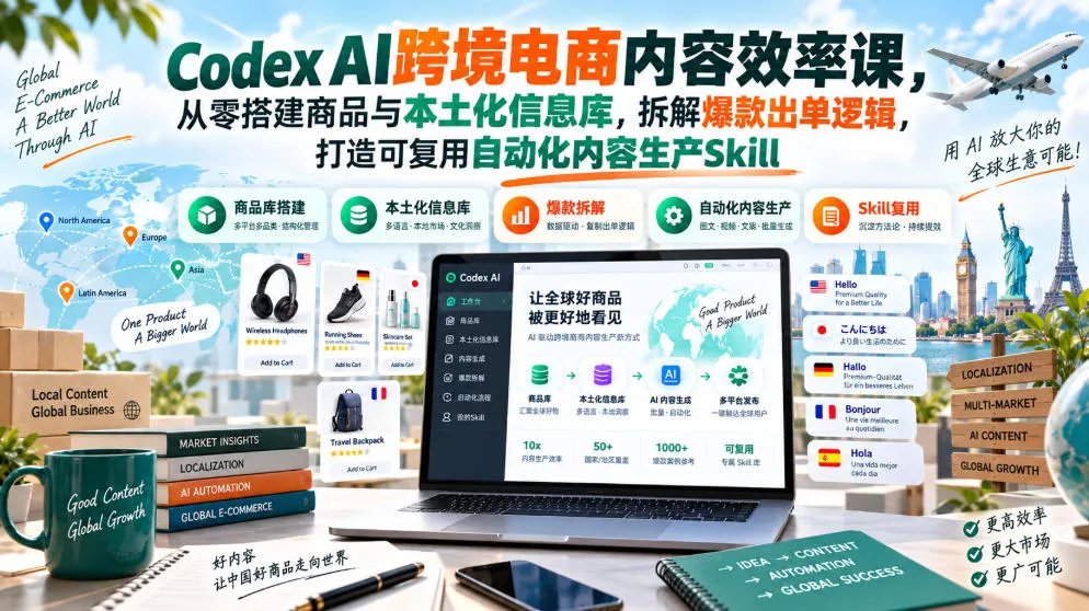 Codex AI跨境电商内容效率课，从零搭建商品与本土化信息库，拆解爆款出单逻辑，打造可复用自动化内容生产Skill-续财库