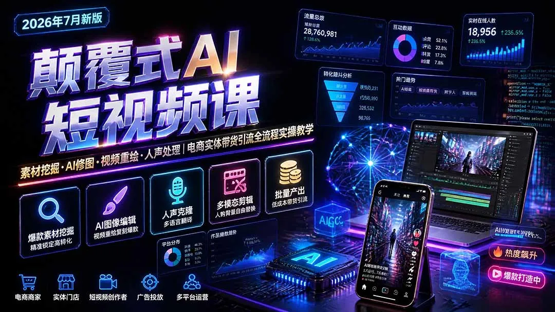 颠覆式AI短视频课-更新｜素材挖掘，AI修图，视频重绘，人声处理｜电商实体带货引流全流程实操教学-续财库