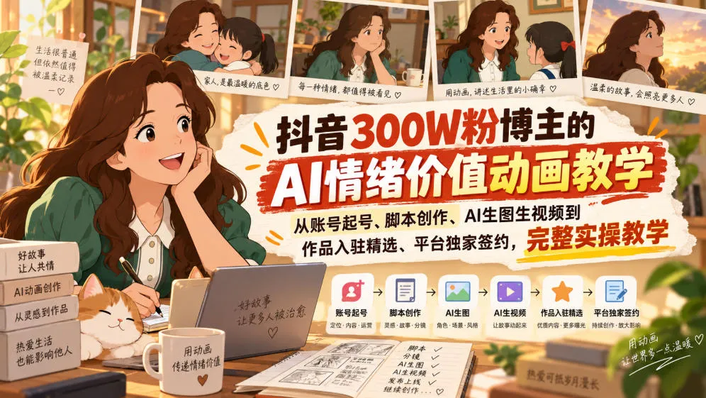 抖音300W粉博主的AI情绪价值动画教学，从账号起号、脚本创作、AI生图生视频到作品入驻精选、平台独家签约，完整实操-续财库