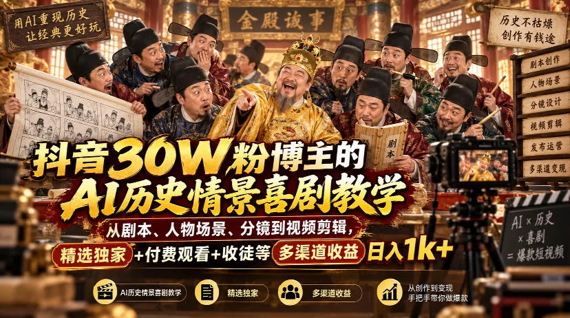 抖音30W粉博主的AI历史情景喜剧教学，从剧本、人物场景、分镜到视频剪辑，精选独家+付费观看+收徒等多渠道收益日入1k+-续财库