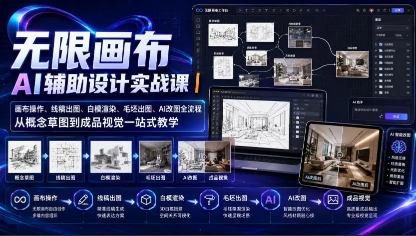 无限画布AI辅助设计实战课｜画布操作、线稿出图、白模渲染、毛坯出图、AI改图全流程，从概念草图到成品视觉一站式教学(更新0923)-续财库