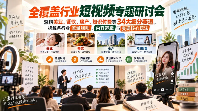 短视频专题研讨会，深耕美业、餐饮、房产、知识付费等34大细分赛道，拆解各行业流量规则、内容逻辑与变现核心玩法-续财库