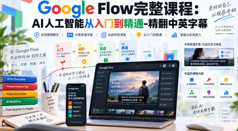 【无水印】Google Flow完整课程：AI人工智能从入门到精通-精翻中英字幕-续财库