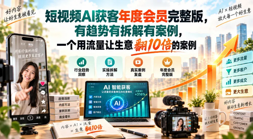 短视频AI获客年度会员完整版，有趋势有拆解有案例，一个用流量让生意翻10倍的案例-续财库