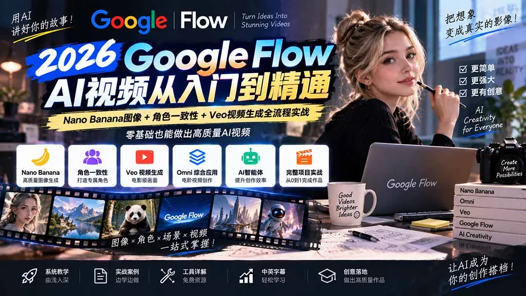【无水印】Google Flow AI视频从入门到精通：Nano Banana图像+角色一致性+Veo视频生成全流程实战-精翻中英字幕-续财库