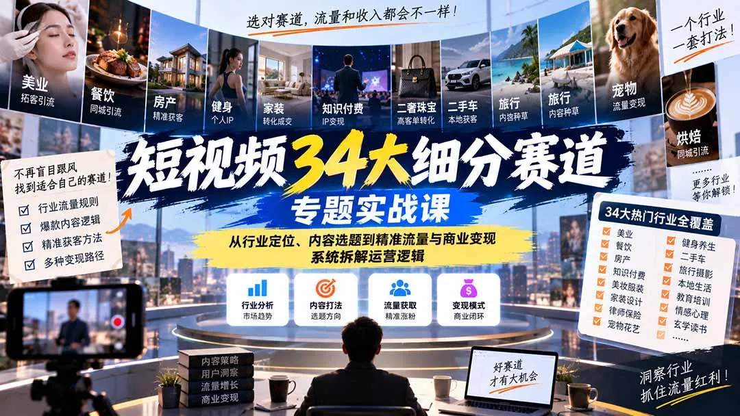 短视频34大细分赛道专题实战课:从行业定位、内容选题到精准流量与商业变现,系统拆解运营逻辑-续财库