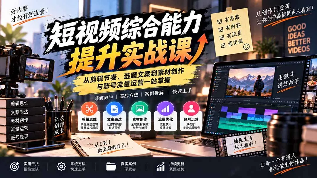 短视频综合能力提升实战课:从剪辑节奏、选题文案到素材创作与账号流量运营一站掌握-续财库