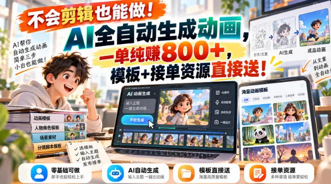 不会剪辑也能做！AI全自动生成动画，一单纯賺800+，模板+接单资源直接送！【揭秘】-续财库