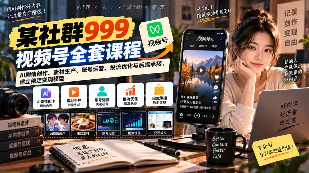 【无水印】某社群999视频号全套课程：AI剧情创作、素材生产、账号运营、投流优化与后端承接，建立稳定变现模型-续财库