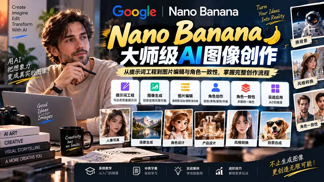 【无水印】Nano Banana大师级AI图像实战课：从提示词工程到图片编辑与角色一致性，掌握完整创作流程-续财库