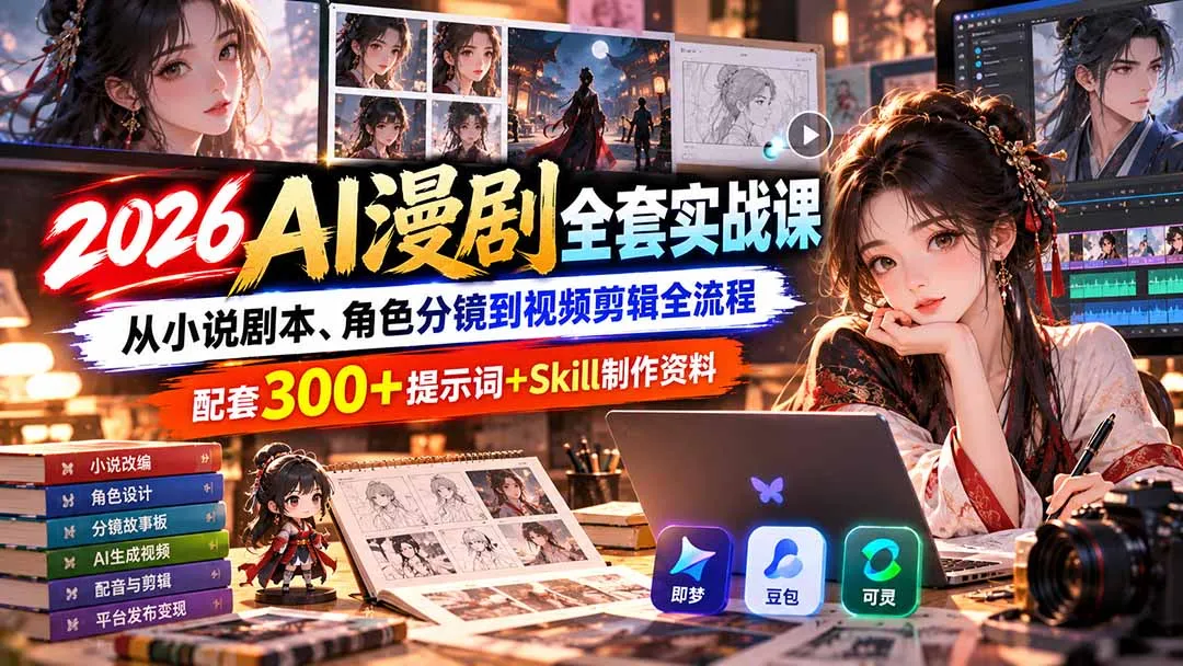 【无水印】2026AI漫剧全套实战课：从小说剧本、角色分镜到视频剪辑全流程，配套300+提示词+Skill制作资料-续财库