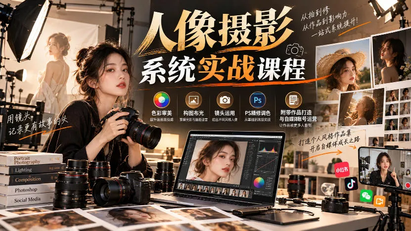 【无水印】人像摄影系统实战课程,色彩审美、构图布光、镜头运用、PS精修调色,附带作品打造与自媒体账号运营-续财库