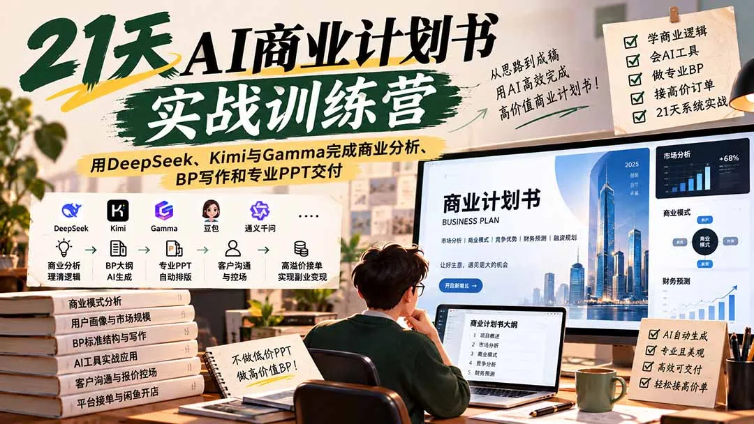 【无水印】21天AI商业计划书实战训练营：用DeepSeek、Kimi与Gamma完成商业分析、BP写作和专业PPT交付-续财库