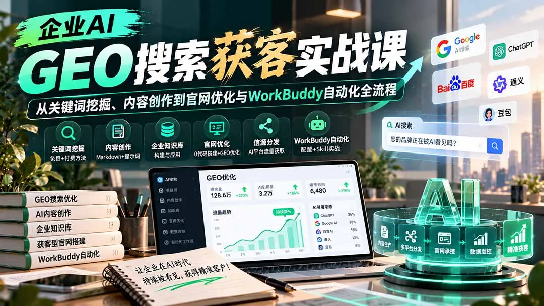 企业AI GEO搜索获客实战课：从关键词挖掘、内容创作到官网优化与WorkBuddy自动化全流程-续财库