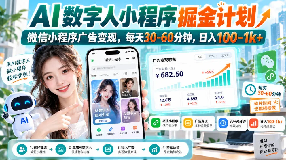 【无水印】AI数字人小程序掘金计划，微信小程序广告变现，每天30‑60分钟，日入100‑1k+-续财库