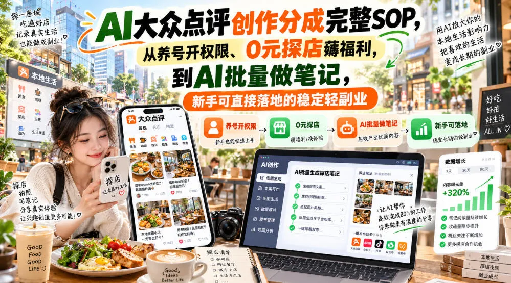 【无水印】AI大众点评创作分成完整SOP，从养号开权限、0元探店薅福利，到AI批量做笔记，新手可直接落地的稳定轻副业-续财库