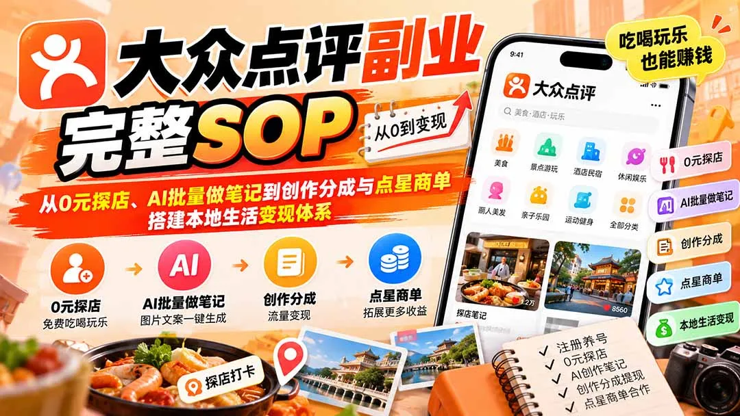 【无水印】大众点评副业完整SOP：从0元探店、AI批量做笔记到创作分成与点星商单，搭建本地生活变现体系-续财库