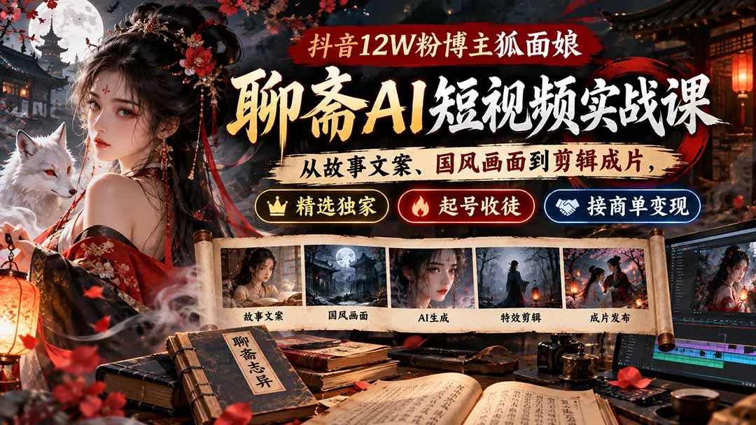 抖音12W粉博主狐面娘-聊斋AI短视频实战课：从故事文案、国风画面到剪辑成片，精选独家+起号收徒+接商单变现-续财库