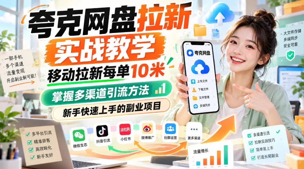 夸克网盘拉新实战教学，移动拉新每单10米，掌握多渠道引流方法，新手快速上手的副业项目-续财库
