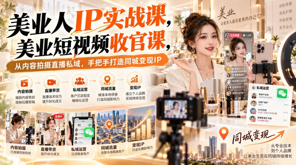 【无水印】美业人IP实战课,美业短视频收官课,从内容拍摄直播私域,手把手打造同城变现IP-续财库