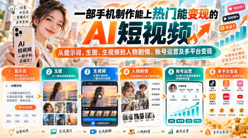 【无水印】一部手机制作能上热门能变现的AI短视频,从提示词、生图、生视频到人物剧情、账号运营及多平台变现-续财库