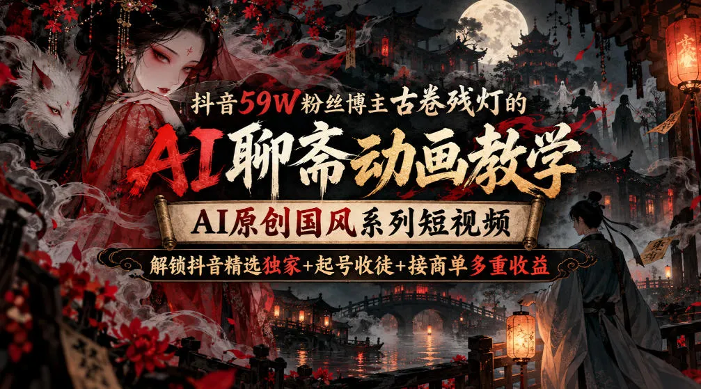 抖音59W粉丝博主古卷残灯的AI聊斋动画教学,AI原创国风系列短视频,解锁抖音精选独家+起号收徒+接商单多重收益-续财库