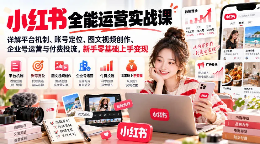 小红书全能运营实战课，详解平台机制、账号定位、图文视频创作、企业号运营与付费投流，新手零基础上手变现-续财库