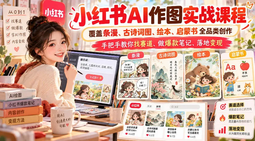 小红书AI作图实战课程，覆盖条漫、古诗词图、绘本、启蒙书全品类创作，手把手教你找赛道、做爆款笔记、落地变现-续财库