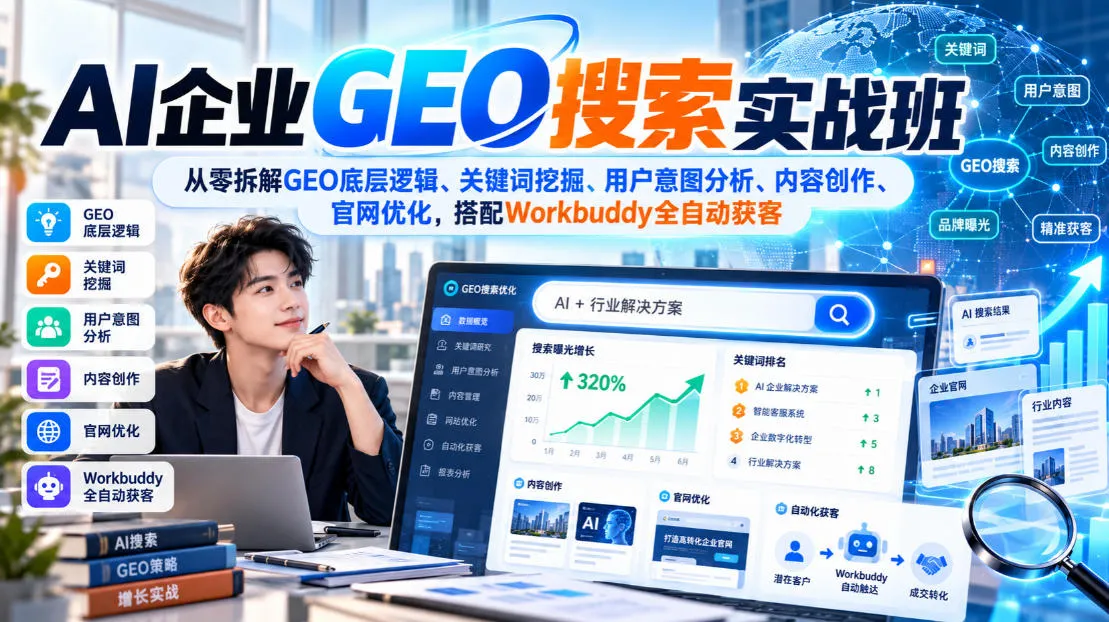 AI企业GEO搜索实战班，从零拆解GEO底层逻辑、关键词挖掘、用户意图分析、内容创作、官网优化，搭配Workbuddy全自动获客-续财库