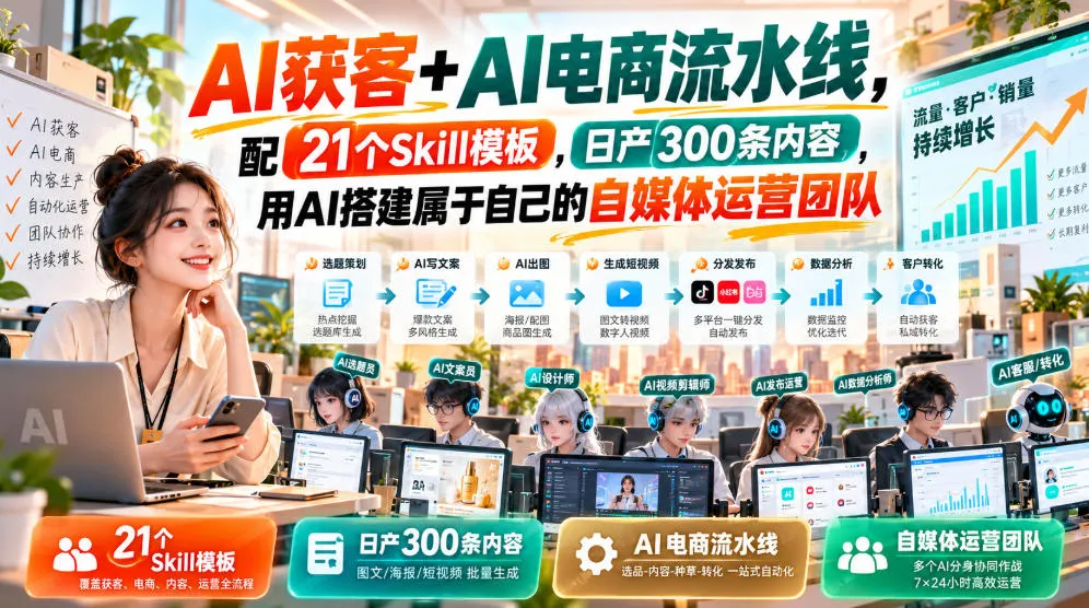 AI获客+AI电商流水线,配21个Skill模板,日产300条内容,用AI搭建属于自己的自媒体运营团队-续财库