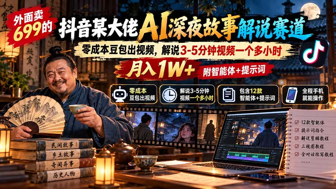 外面卖699的抖音某大佬AI深夜故事解说赛道:零成本豆包出视频,解说3-5分钟视频一个多小时,月入1W+附智能体+提示词-续财库