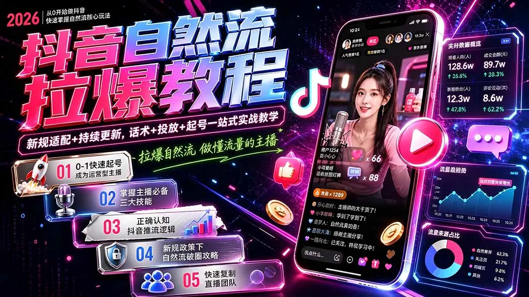 抖音自然流拉爆教程-更新9月:做懂流量的主播,新规适配+持续更新,话术+投放+起号一站式实战教学-续财库
