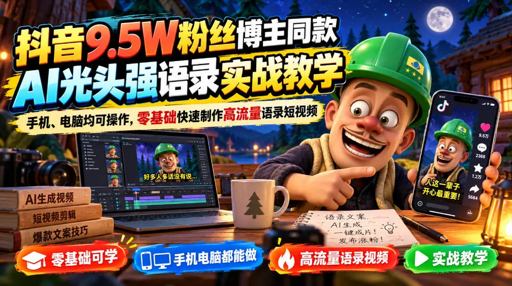 抖音9.5W粉丝博主同款AI光头强语录实战教学,手机、电脑均可操作,零基础快速制作高流量语录短视频-续财库