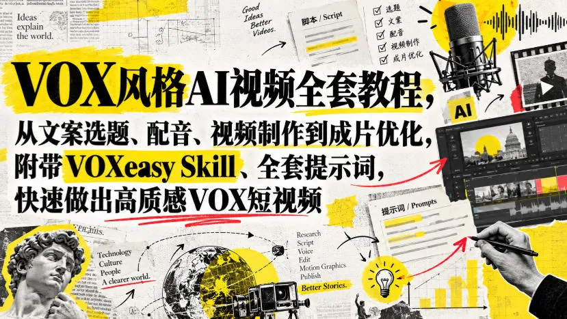 VOX风格AI视频全套教程,从文案选题、配音、视频制作到成片优化,附带VOXeasy Skill、全套提示词,快速做出高质感VOX短视频-续财库