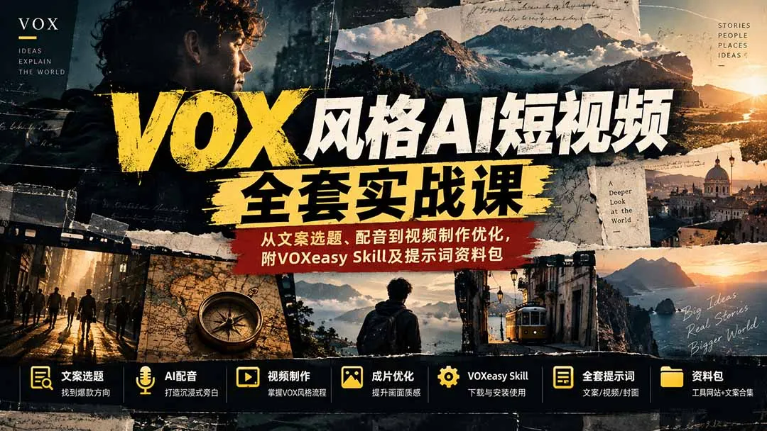 【无水印】VOX风格AI短视频全套实战课:从文案选题、配音到视频制作优化,附VOXeasy Skill及提示词资料包-续财库