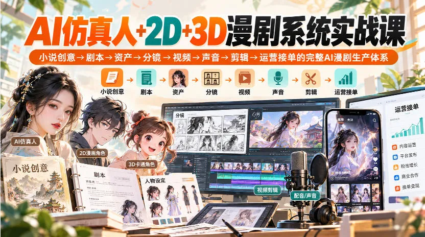 【无水印】AI仿真人+2D+3D漫剧系统实战课，小说创意→剧本→资产→分镜→视频→声音→剪辑→运营接单的完整AI漫剧生产体系-续财库