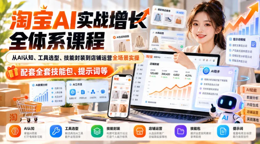 淘宝AI实战增长全体系课程,从AI认知、工具选型、技能封装到店铺运营全场景实操,配套全套技能包、提示词等-续财库