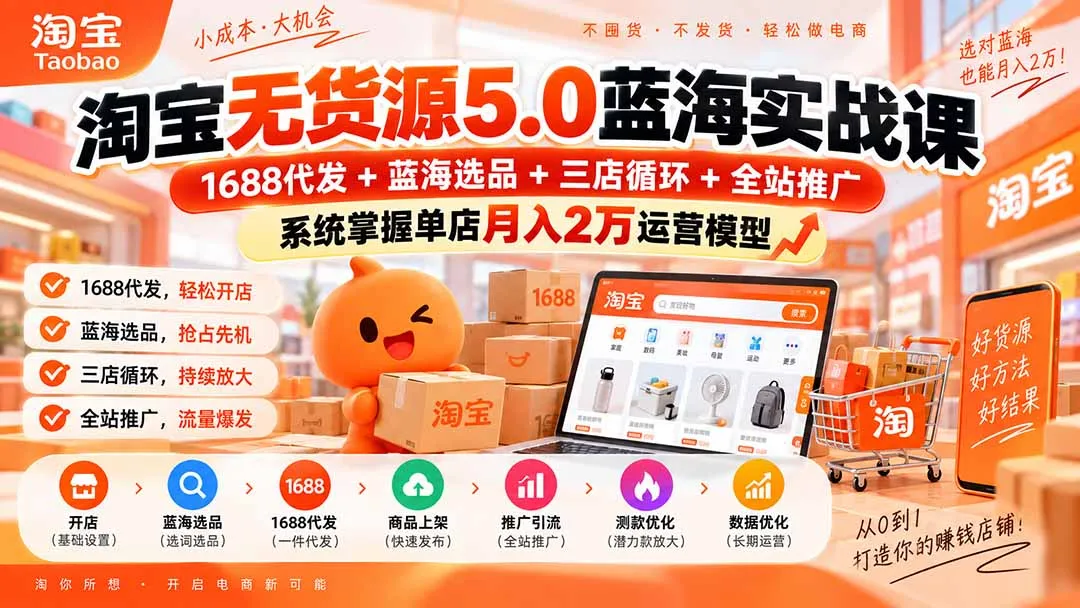 淘宝无货源5.0蓝海实战课-更新0927：1688代发+蓝海选品+三店循环+全站推广，系统掌握单店月入2万运营模型-续财库