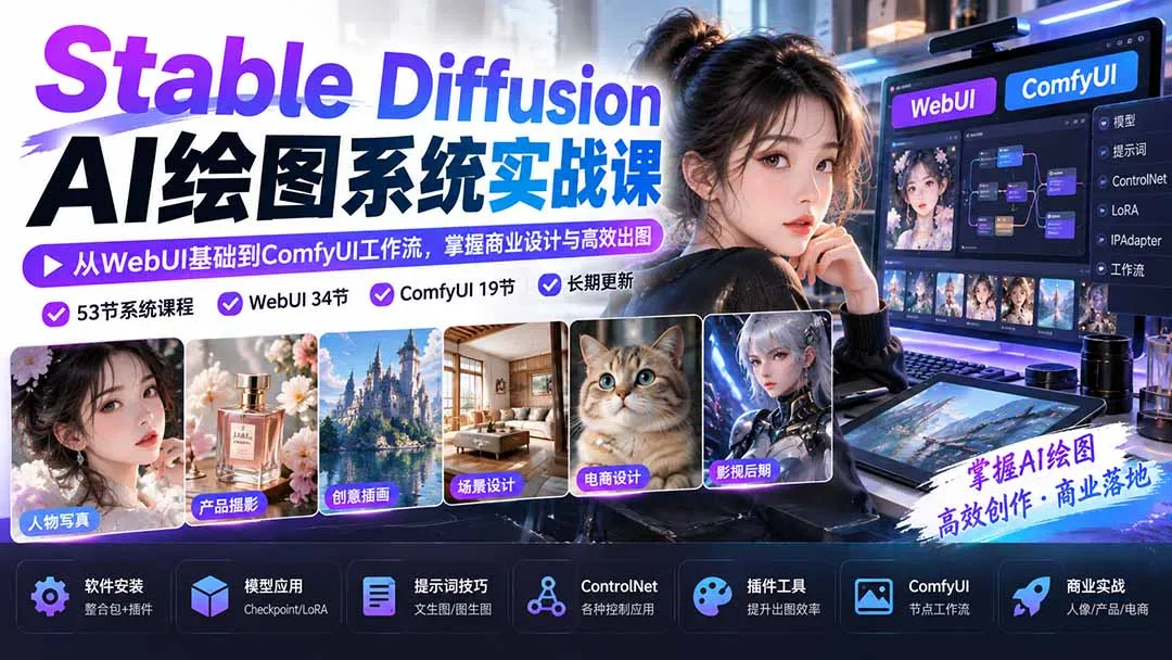 【无水印】Stable Diffusion AI绘图系统实战课:从WebUI基础到ComfyUI工作流,掌握商业设计与高效出图-续财库