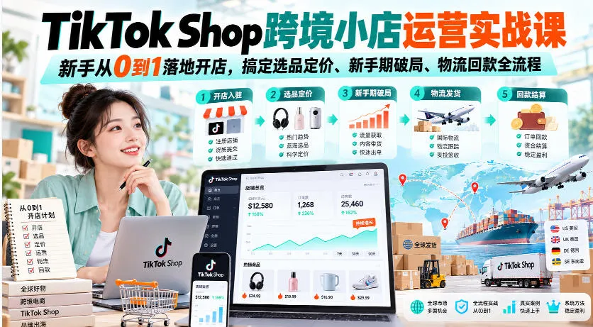 TikTok Shop跨境小店运营实战课，新手从0到1落地开店，搞定选品定价、新手期破局、物流回款全流程-续财库