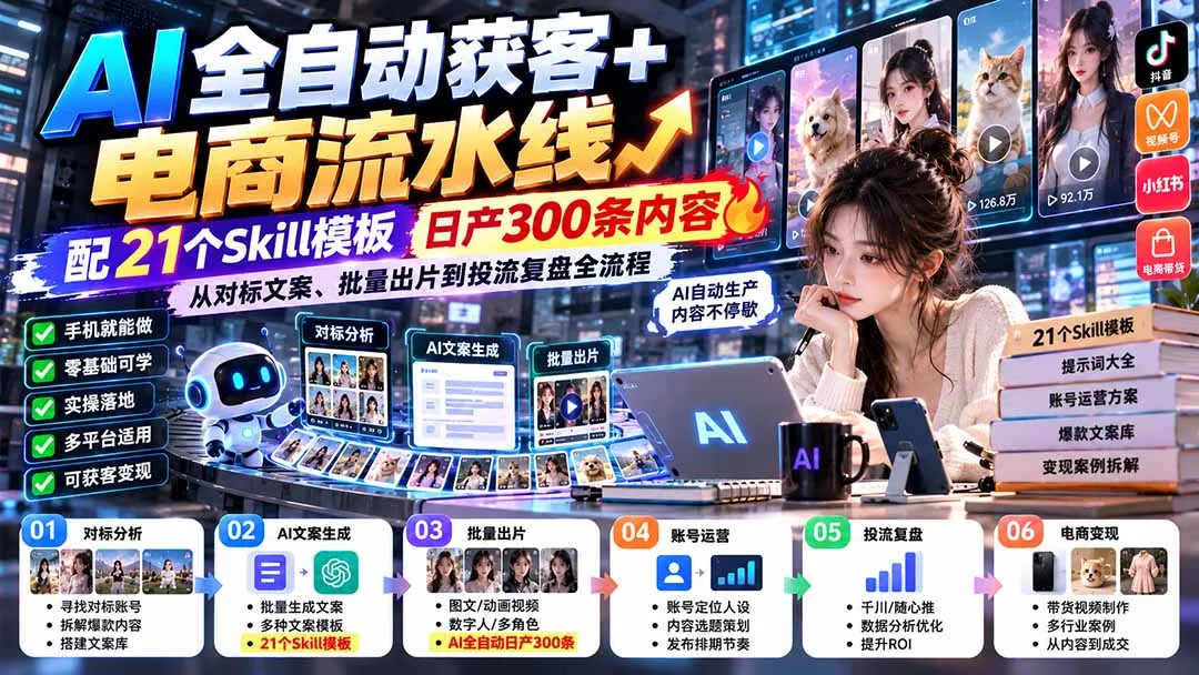 【无水印】AI全自动获客+电商流水线:配21个Skill模板,日产300条内容,从对标文案、批量出片到投流复盘全流程-续财库