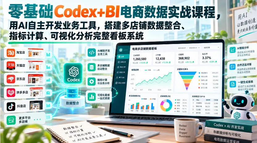 零基础Codex+BI电商数据实战课程,用AI自主开发业务工具,搭建多店铺数据整合、指标计算、可视化分析完整看板系统-续财库