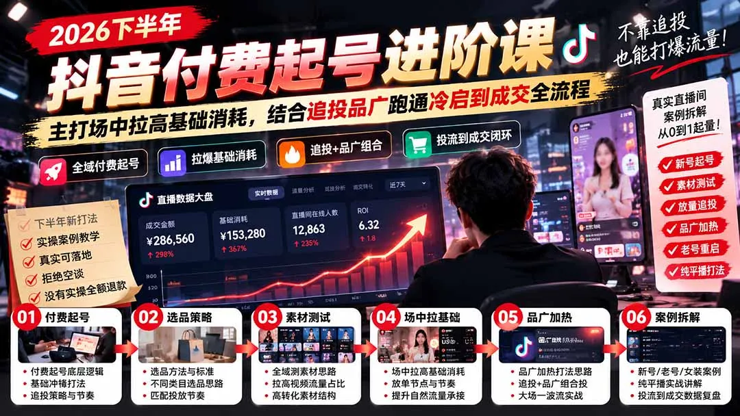 2026下半年抖音付费起号进阶课:主打场中拉高基础消耗,结合追投品广跑通冷启到成交全流程-续财库