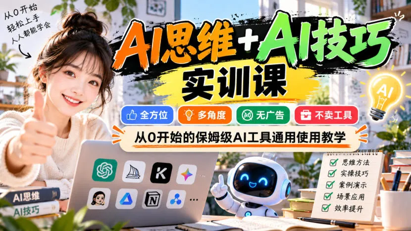 【无水印】AI思维+AI技巧实训课,全方位、多角度、无广告、不卖工具,从0开始的保姆级AI工具通用使用教学-续财库