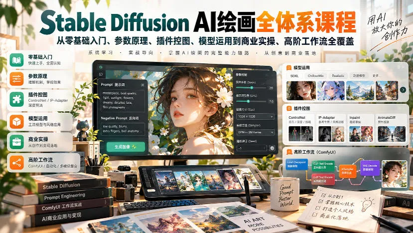 【无水印】Stable Diffusion AI绘画全体系课程,从零基础入门、参数原理、插件控图、模型运用到商业实操、高阶工作流全覆盖-续财库
