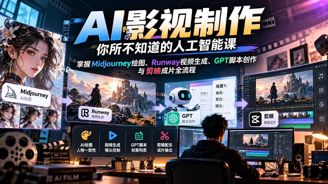 【无水印】AI影视制作-你所不知道的人工智能课，掌握Midjourney绘图、Runway视频生成、GPT脚本创作与剪映成片全流程-续财库