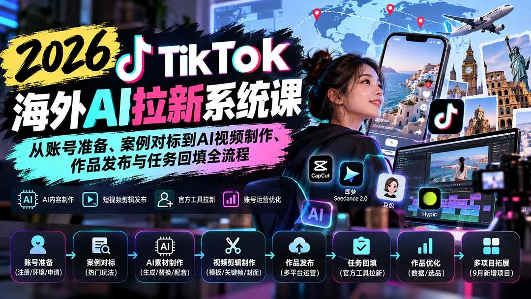 【无水印】2026 TikTok海外AI拉新系统课:从账号准备、案例对标到AI视频制作、作品发布与任务回填全流程-续财库