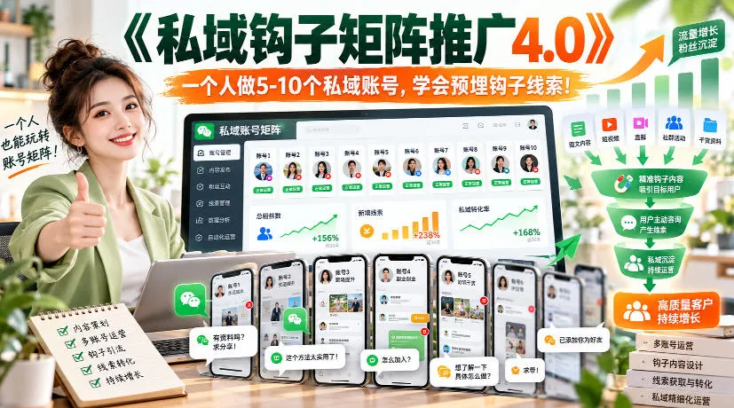 【无水印】《私域钩子矩阵推广4.0》一个人做5-10个私域账号，学会预埋钩子线索！-续财库
