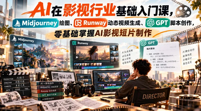【无水印】AI在影视行业基础入门课,Midjourney绘图、Runway动态视频生成、GPT脚本创作,零基础掌握AI影视短片制作-续财库