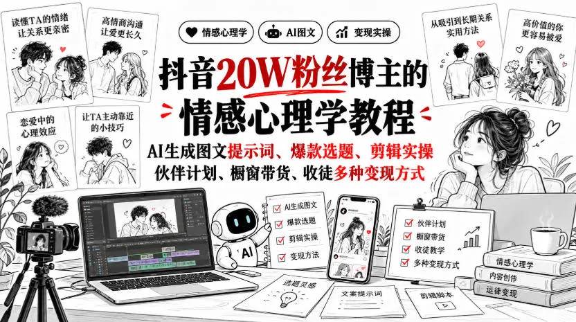 抖音20W粉丝博主静候心声的情感心理学教程，AI生成图文提示词、爆款选题、剪辑实操，伙伴计划、橱窗带货、收徒多种变现方式-续财库